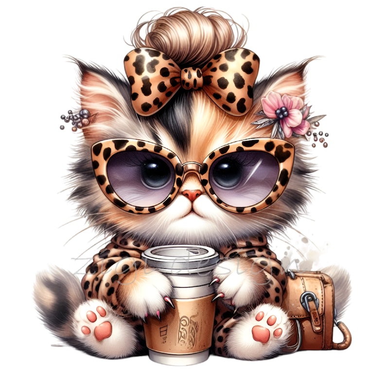 Puede incluir: Un gato de dibujos animados con gafas de sol de estampado de leopardo, un lazo de estampado de leopardo y un atuendo de estampado de leopardo, sosteniendo una taza de caf&eacute;. El gato est&aacute; sentado sobre un fondo blanco.