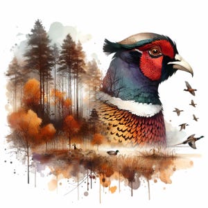 Fazantjachtscène, png-clipart, 10 herfstdieren in het wild illustratie met eenden en bos, rustieke natuurkunst om te knutselen