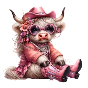 Vaquera Clip Art, 12 Highland Cow PNG, Rosa, Botas de Rodeo, Acuarela Imprimible, Camisa Escolar para Niños Maestros, Taza de Sublimación, Vaso, Planificador