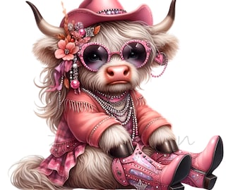 12 imágenes PNG de vaca vaquera de las Highlands – Vaca rosa del oeste con botas y sombrero – Arte animal glamuroso para pegatinas, camisetas, decoración de fiestas, sublimación