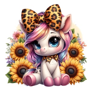 10 PNG Carino Leopardo Fiocco Unicorno PNG Clipart - Unicorno Bambino con Capelli Arcobaleno con Girasoli, Grandi Occhi e Fiocco Selvaggio, Arte del Design a Sublimazione