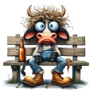 May include: A cartoon cow with blue eyes and a distressed look sits on a wooden bench with a bottle of beer beside it. The cow is wearing blue jeans and work boots.