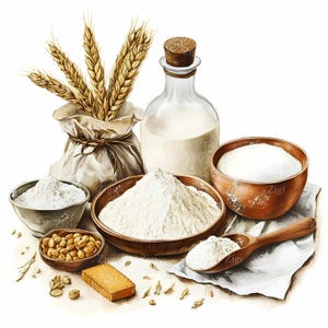 35 JPEG Bakingrediënten Clipart JPG – Meel, graan, melk, houten lepel en keukengerei, rustieke boerderijvoedselkunst