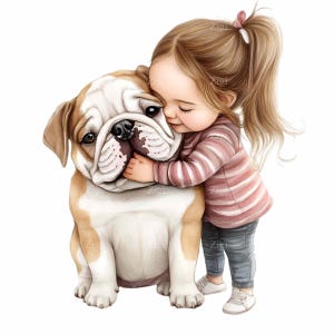 20 PNG ragazza che abbraccia un bulldog clipart, illustrazione carina di bambino e cane PNG, download digitale di arte