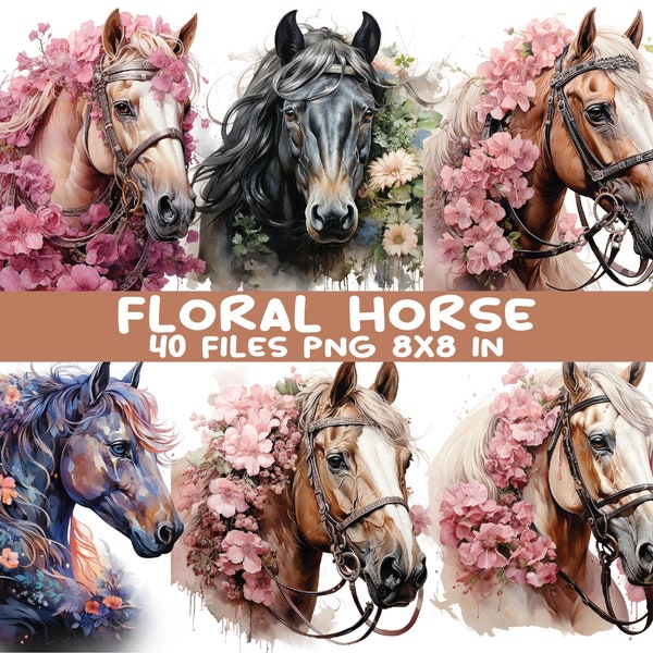 Watercolor Floral Horse Clipart Bundle, 40 Horses Flowers PNG Digital Images