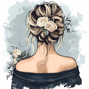28 imágenes prediseñadas JPEG de mujer con cabello floral, ilustración elegante de retrato de espalda femenina, arte digital romántico con moño de rosas