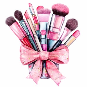 20 Make-up Clipart PNG - Pink Beauty Pinsel, Lippenstift und Glitzer Schleife - Glam Kosmetik Digital Download