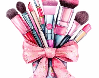 May include: Watercolor illustration of makeup brushes and lipsticks in shades of pink, red, and black, tied together with a pink bow with gold glitter accents. The image is a close-up shot against a white background.