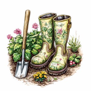 16 Clipart PNG de bottes de jardin – Bottes de pluie florales vertes avec pelle et plantes – Art de jardinage printanier pour travaux manuels par sublimation