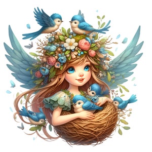 10 imágenes PNG de hadas de primavera, hada con corona floral y pajaritos, arte natural caprichoso, diseño de sublimación para proyectos de guardería y manualidades.