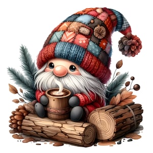 May include: A whimsical illustration of a gnome with a long white beard and a colorful patchwork hat. The gnome is holding a wooden mug with a hot beverage, sitting on a log with pinecones and foliage. The gnome wears a red jacket.