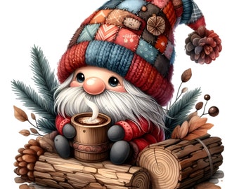 15 PNG Patchwork gnome – Autumn gnome PNG – Rustic hot cocoa clipart for fall crafts, sublimation, mugs and seasonal decor projects