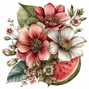 Puede incluir: Ilustración en acuarela de un arreglo floral con grandes flores abiertas en tonos rojos, rosas y blancos, con hojas verdes y una rodaja de sandía. Las flores tienen centros detallados y están dispuestas en una composición artística y exuberante.