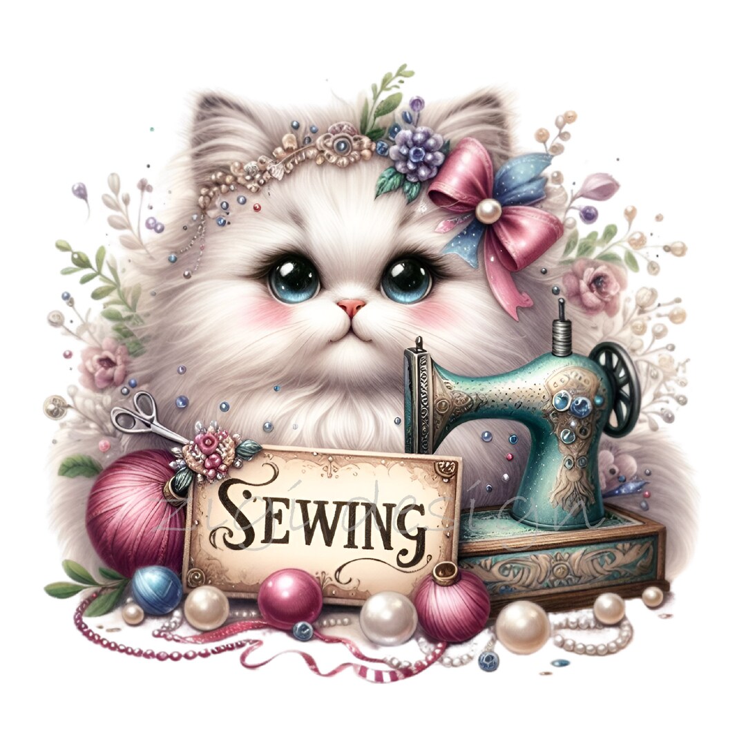 Crafting Clipart, Kitten Clip Art, 12 PNG Sewing Cat Printable, Mother