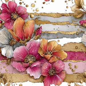 Op de afbeelding: Waterverf bloemenontwerp met roze, oranje en zilveren bloemen en gouden accenten. De bloemen zijn geplaatst tegen een achtergrond van gouden, grijze en roze horizontale strepen, met gouden spikkels. Het ontwerp heeft een zachte, artistieke uitstraling.
