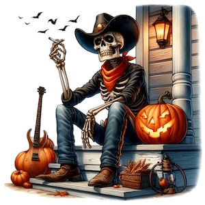 15 Clipart di scheletro da cowboy di Halloween, grafica di zucca da portico spettrale, PNG di sublimazione di scheletro da cowboy, download immediato