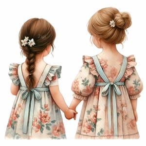 16 PNG ヴィンテージ花柄女の子 – 姉妹 PNG クリップアート – 保育園のプリント、カード、壁アート、スクラップブッキング用のお揃いのドレスのイラスト