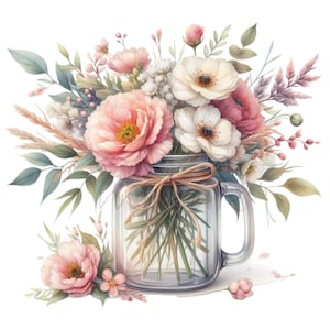 Mason Jar Flowers Clipart 12 PNG Pink Watercolor Glass Vase Bouquet Sublimation Digital Downloads