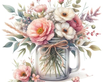 12 PNG Watercolor Floral Mason Jar Clipart Pink Peony Art
