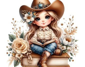 15 PNG Western reader clipart – Cowgirl book PNG – Reading-themed art for kids room prints, teacher gifts, school decor projects