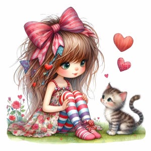 15 Clipart PNG de jolie fille avec un chaton, illustration fantaisiste d'enfant et de chat, téléchargement d'art numérique floral