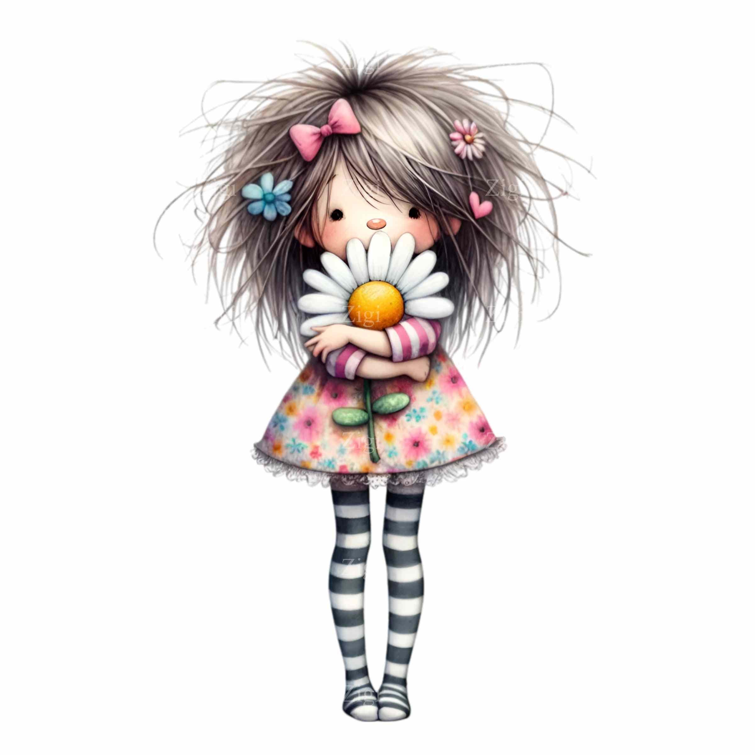 Girl With Daisy Clipart PNG | 15 Floral Art | Cute Digital