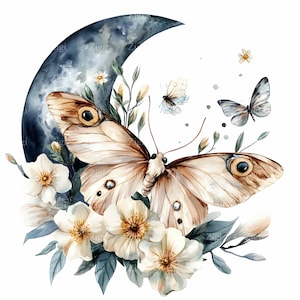 26 imágenes prediseñadas de mariposa de luna creciente en formato JPEG, polilla mística y luna floral en formato JPG, descarga digital de naturaleza celestial