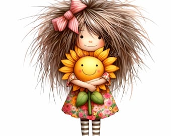 14 PNG Messy Hair Girl Clipart, Sunflower Doll Illustration, Summer