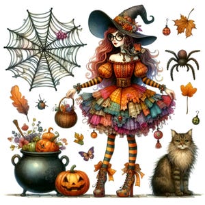 15 PNG sorcière fille clipart Halloween - araignée chaudron citrouille PNG - lot de sorcellerie d'automne pour des invitations à une fête, des cartes ou du scrapbooking