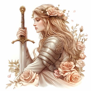 27 JPEG elegante vrouwelijke ridder met zwaard en rozen JPG-clipart, fantasie krijger vrouw in harnas, zachte bloemen prinses illustratie
