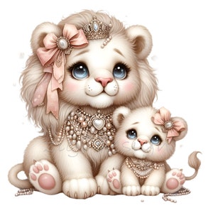15 PNG princesse Lion maman et bébé PNG, mignon Lion royal famille des cliparts, couronne rose diadème perles bijoux Clip Art, sublimation