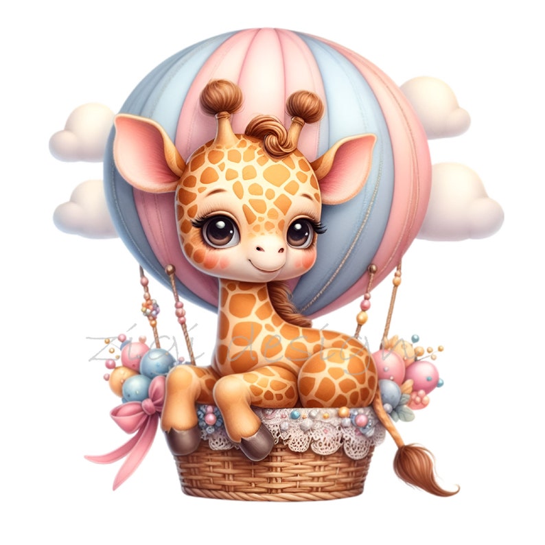 May include: A cute cartoon giraffe wearing a pink and blue hot air balloon. The giraffe is sitting in a wicker basket with pink and blue flowers and a pink bow.