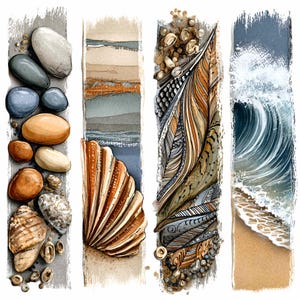 May include: Watercolor illustrations of coastal elements. The image features four vertical panels with detailed depictions of pebbles, a seashell, a feather, and a crashing wave on a sandy beach. The color palette includes blues, browns, and tans.