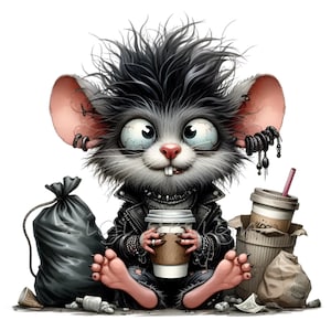 12 divertenti clipart PNG di ratto punk con caffè e spazzatura, roditore grunge con capelli appuntiti e piercing, download di arte animale urbana