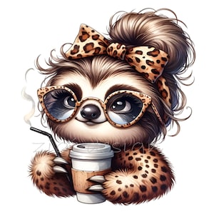 Clipart bradipo, Clip art fiocco leopardo, 12 PNG stampa animale caffè pelliccia di ghepardo, maglietta scuola bambini insegnante, tazza tumbler sublimazione, pianificatore