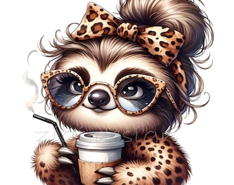 Sloth Clipart, Leopard Bow Clip Art, 12 PNG Coffee Animal Print Cheetah Fur, Teacher Kids School Shirt, Sublimation Mug Tumbler, Planner