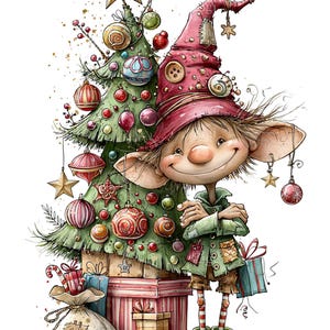 May include: A whimsical illustration of a smiling elf with large ears wearing a tall red hat with buttons, standing beside a decorated green Christmas tree. The tree features colourful ornaments and a gold star. Wrapped gifts and a sack are at the base.