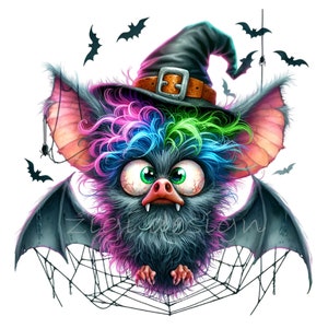 Kolorowy kapelusz czarownicy nietoperz Clipart 15 PNG - Halloween Słodka ilustracja nietoperza - Uroczy nietoperz z wielokolorowym futrem i zielonymi oczami