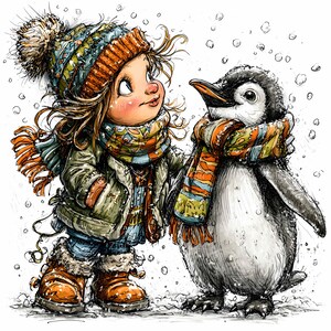 24 imágenes prediseñadas de niña y pingüino de invierno en formato JPEG. Dibujos animados de un día de nieve en formato JPG. Arte lindo para el clima frío para tarjetas, manualidades infantiles, impresiones y decoración de temporada.