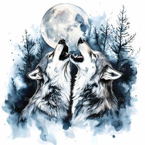 20 cliparts JPEG de loups hurlants - deux loups majestueux sous la pleine lune dans une forêt sombre, art animalier aquarelle, téléchargement JPG