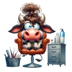Mucca parrucchiere capelli salone di bellezza Clipart, 15 PNG umoristiche divertenti immagini dei cartoni animati stampabili, sublimazione, diario spazzatura
