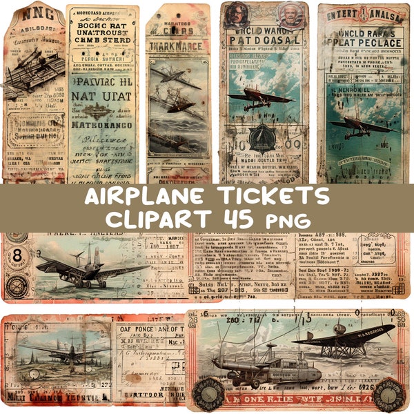 Ephemera Tickets Clipart Bundle 45 PNG Scrapbooking Vintage Airplane Tickets Printable, Junk Journal Digital Download