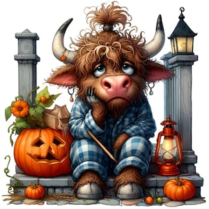 12 Sad Highland Cow PNG Clipart – Simpatica mucca soffice in pigiama con zucca, lanterna e matita – Arte autunnale di Halloween