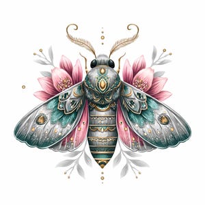May include: An ornate illustration of a moth with detailed silver, teal, and gold accents. The moth is set against a backdrop of pink flowers and gray foliage, creating a whimsical and elegant design.