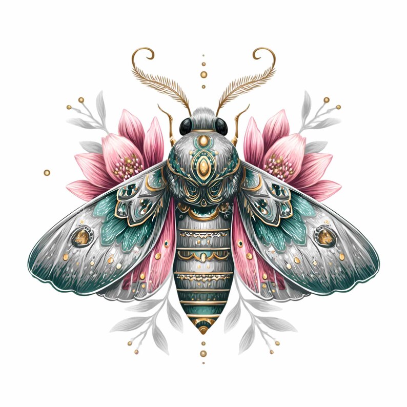 May include: An ornate illustration of a moth with detailed silver, teal, and gold accents. The moth is set against a backdrop of pink flowers and gray foliage, creating a whimsical and elegant design.