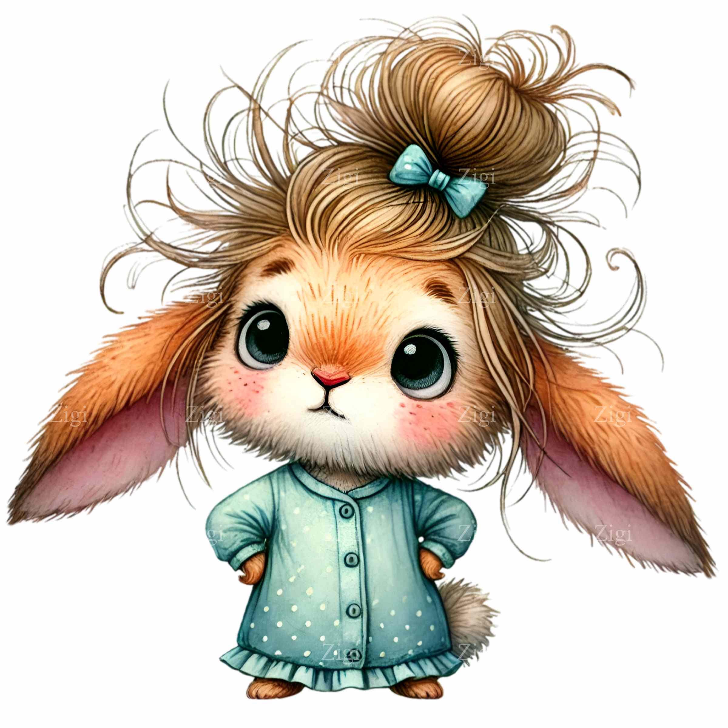 12 PNG Funny Bunny Pajama Clipart, Messy Hair Rabbit, Blue Striped ...