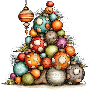 May include: A decorative illustration of a Christmas tree constructed from a collection of round ornaments in various colors including teal, orange, red, green, and grey, featuring polka dot patterns and a single hanging ornament on the left side.