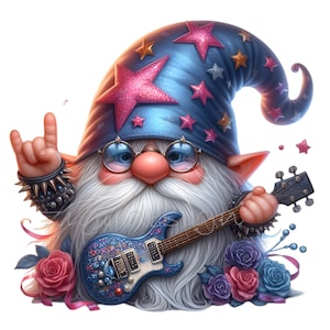 12 PNG Rock gnome PNG – Fantastico clipart di gnomo con cappello a stella con chitarra e punte punk – Arte per amanti della musica per magliette, adesivi, biglietti, sublimazione