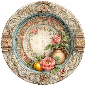 Op de afbeelding: Decoratieve, ronde wandplaat met een bloemstilleven. De plaat heeft een crèmekleurige cirkel in het midden, omgeven door een blauwe en bloemige rand. Een perzikvaas bevat roze bloemen en groene bladeren, met een gele vrucht in de buurt.