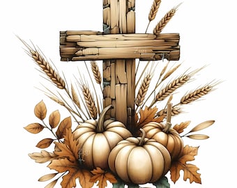 20 JPG Rustic Autumn Cross, Fall Pumpkin Harvest Clipart, Christian Thanksgiving